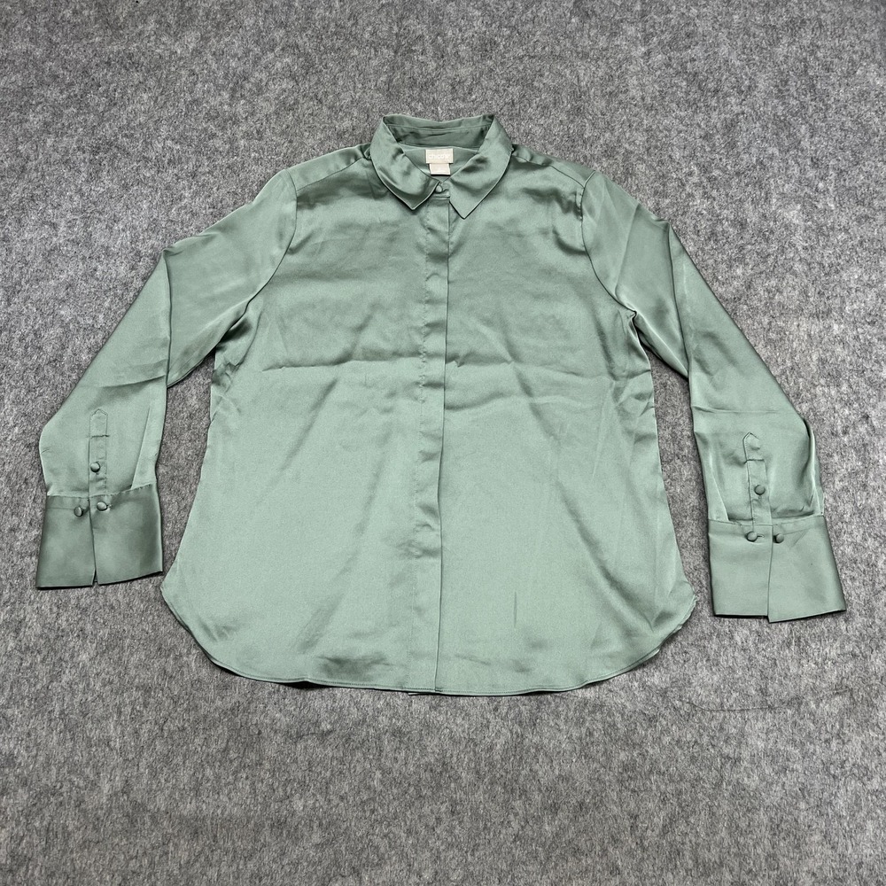 Chicos Shirt Womens 1 Green Satin Button Front Collared Long Sleeve Blouse‎ Top